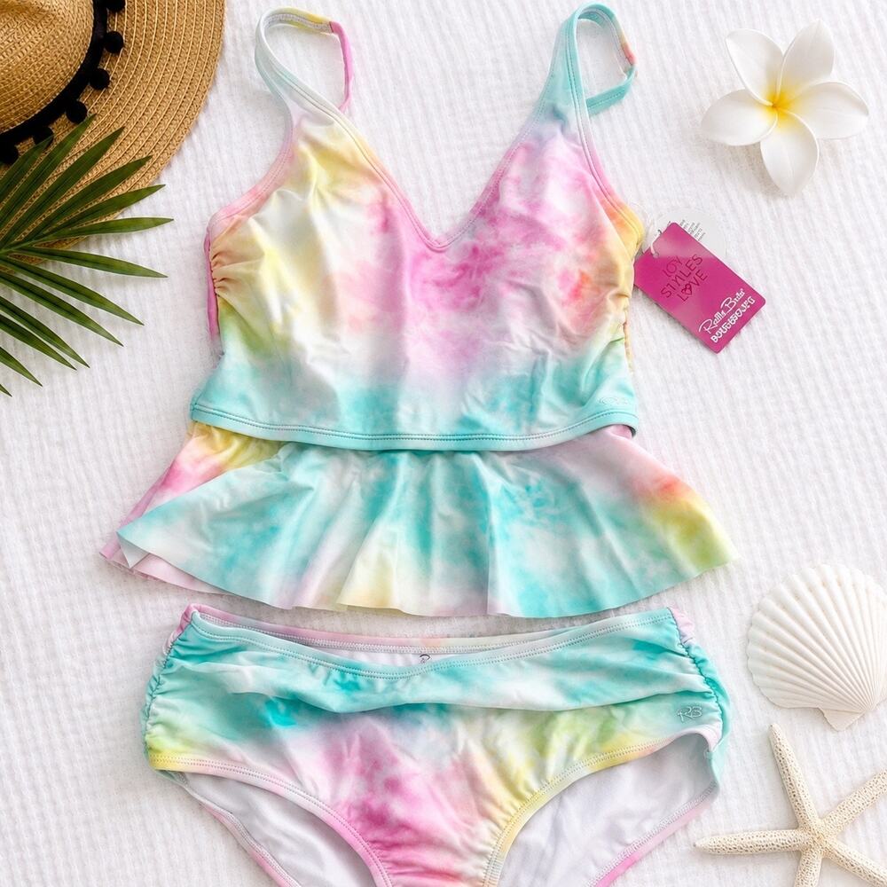 NWT RuffleButts Rainbow Tie Dye Peplum Tankini Swimsuit Set Womens S/M UPF 50+